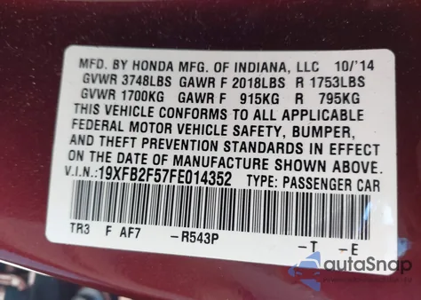 2015 Honda Civic Lx z USA, uszkodzony, nr VIN 19XFB2F57FE014352